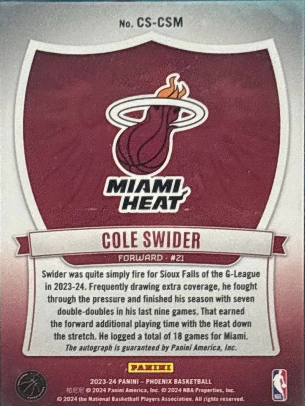 Panini Miami Heat Cole Swider Trading Card – Autographed